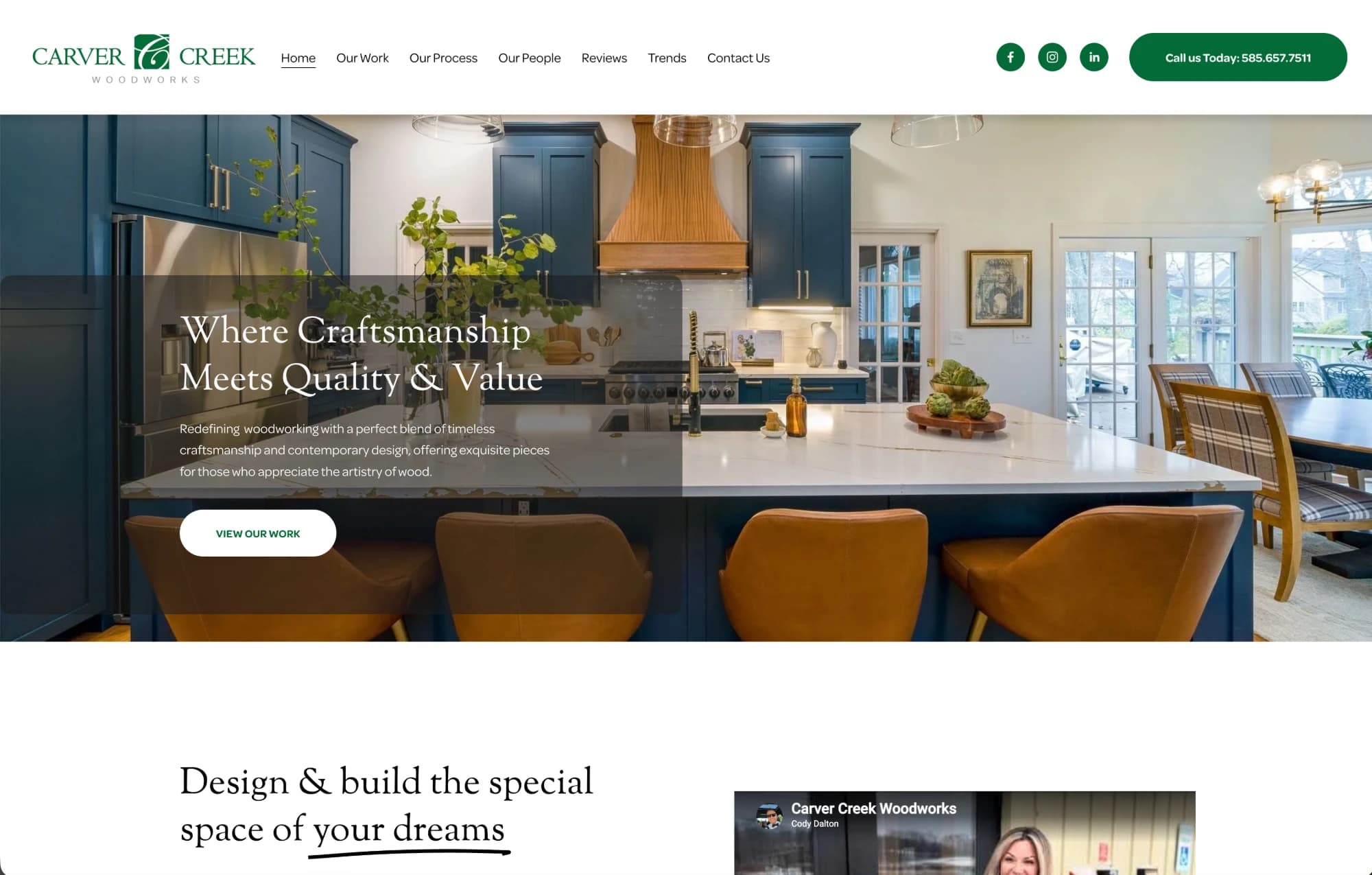 Carver Creek Woodworks homepage: a navy kitchen hero with the headline 'Where Craftsmanship Meets Quality & Value'
