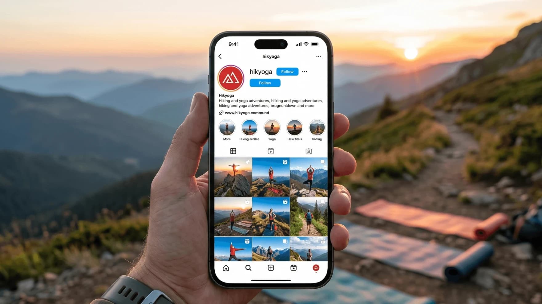 Hikyoga Instagram profile on a phone at a mountain sunrise