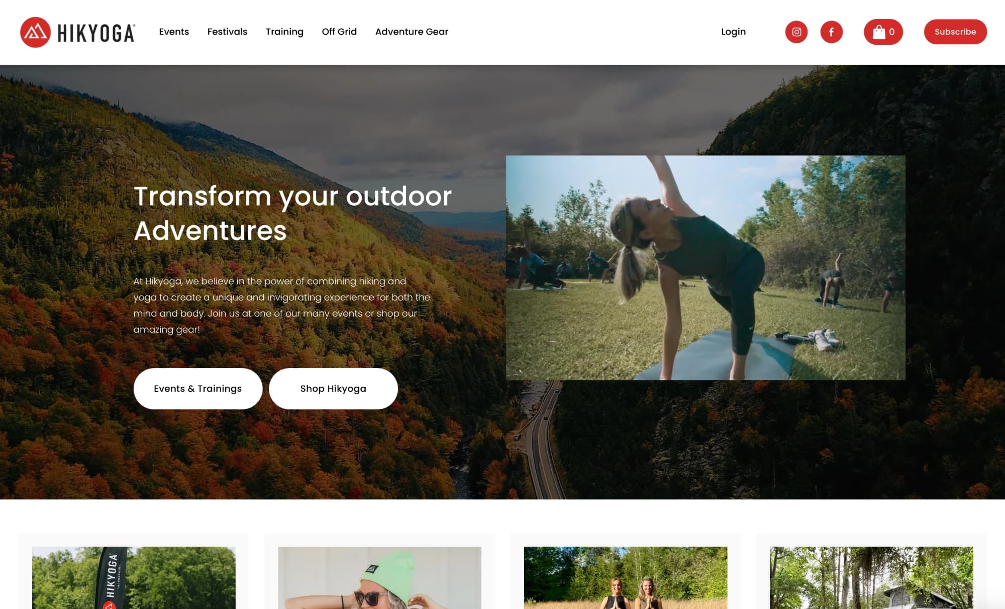 Hikyoga homepage: 'Transform your outdoor Adventures' over an autumn mountain valley, with event and shop buttons