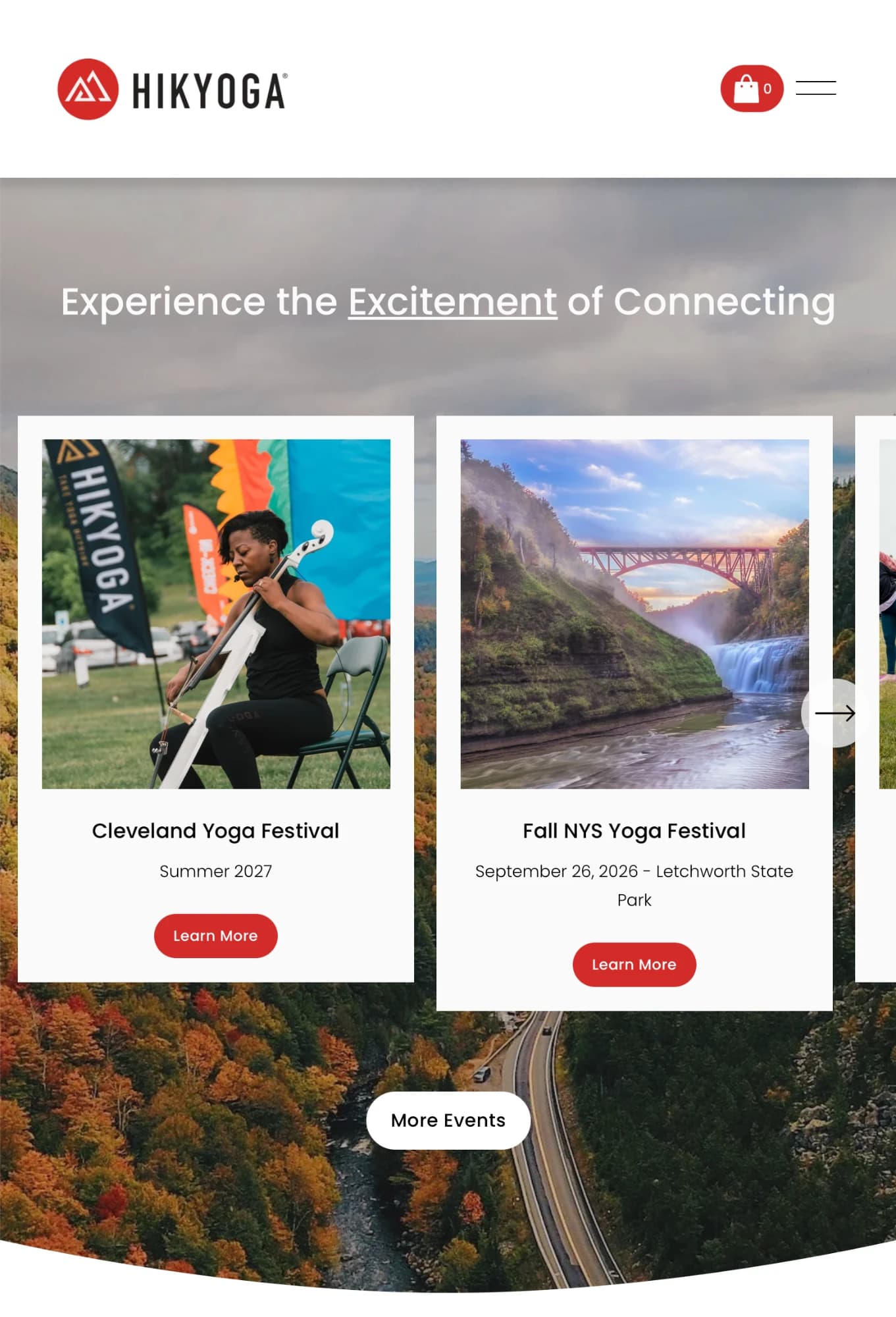 Hikyoga events section on mobile showing festival cards
