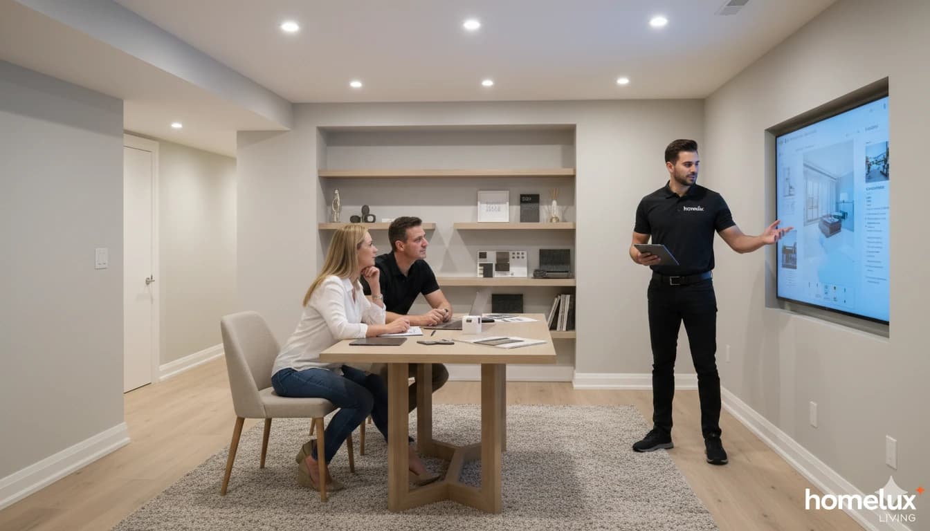 Homelux Living specialist presenting a healthy home report to homeowners on a wall screen