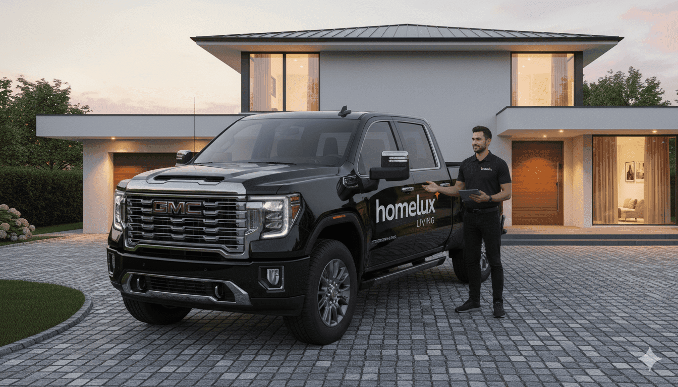 Black pickup truck with a Homelux Living vehicle wrap outside a modern home