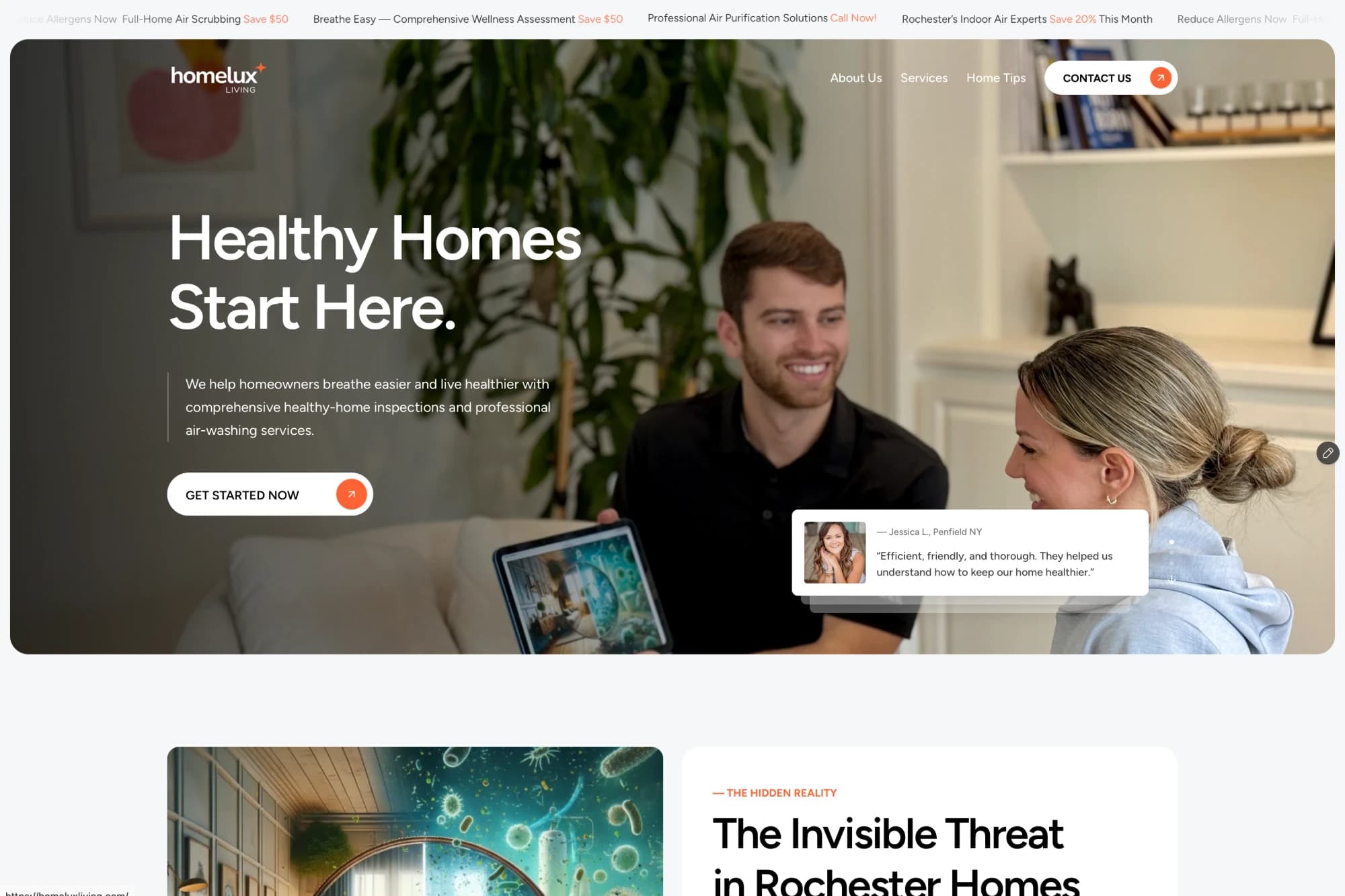 Homelux Living homepage hero: 'Healthy Homes Start Here.' with a specialist and homeowner reviewing a tablet