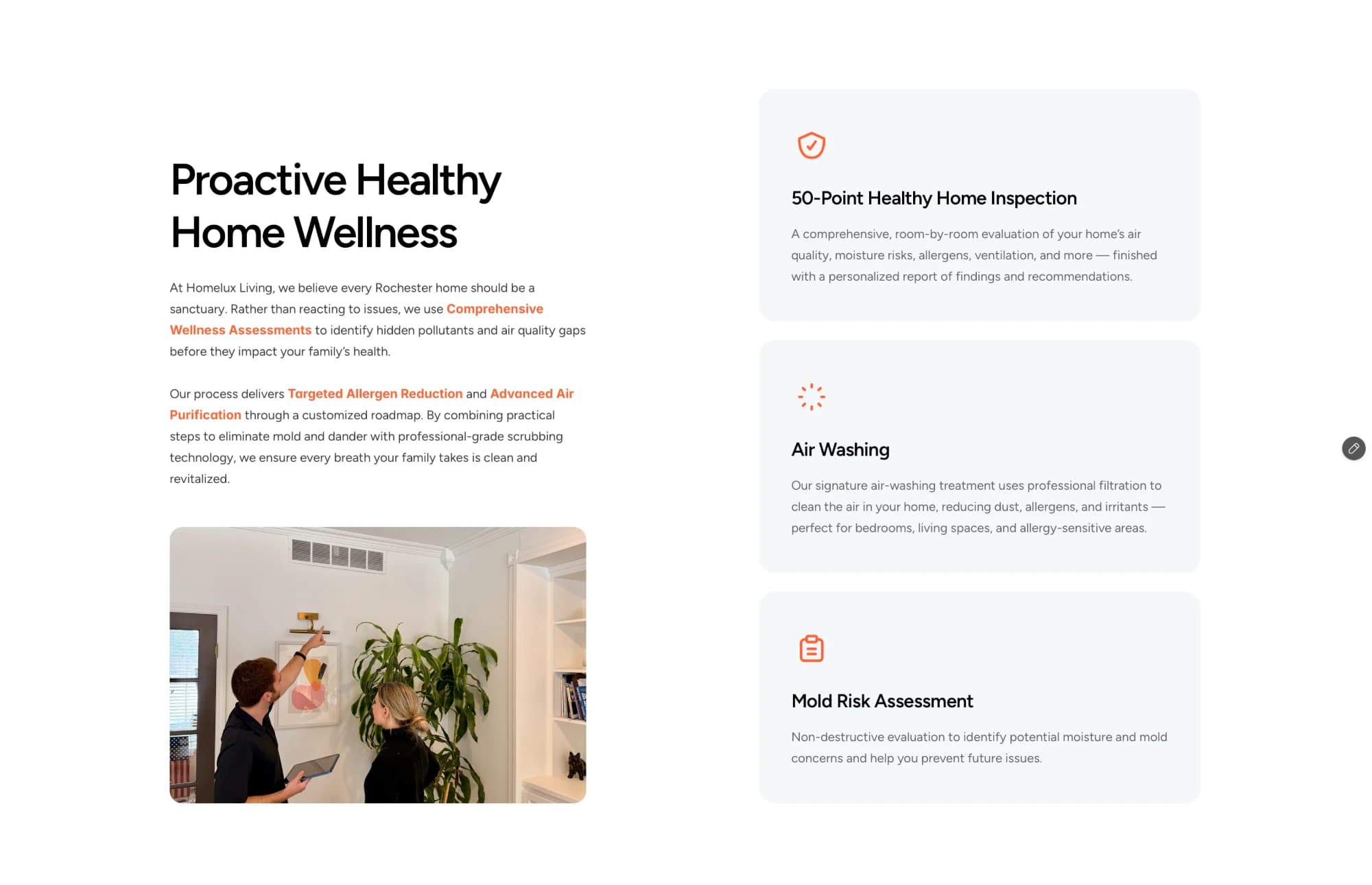 'Proactive Healthy Home Wellness' section with service cards for inspections, air washing and mold assessment