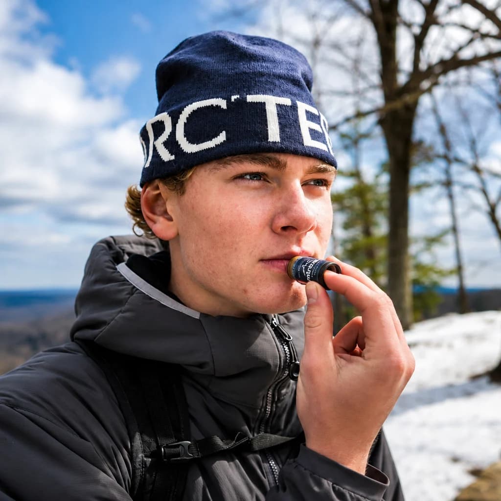 Applying MtnBalm on a cold, windy hike