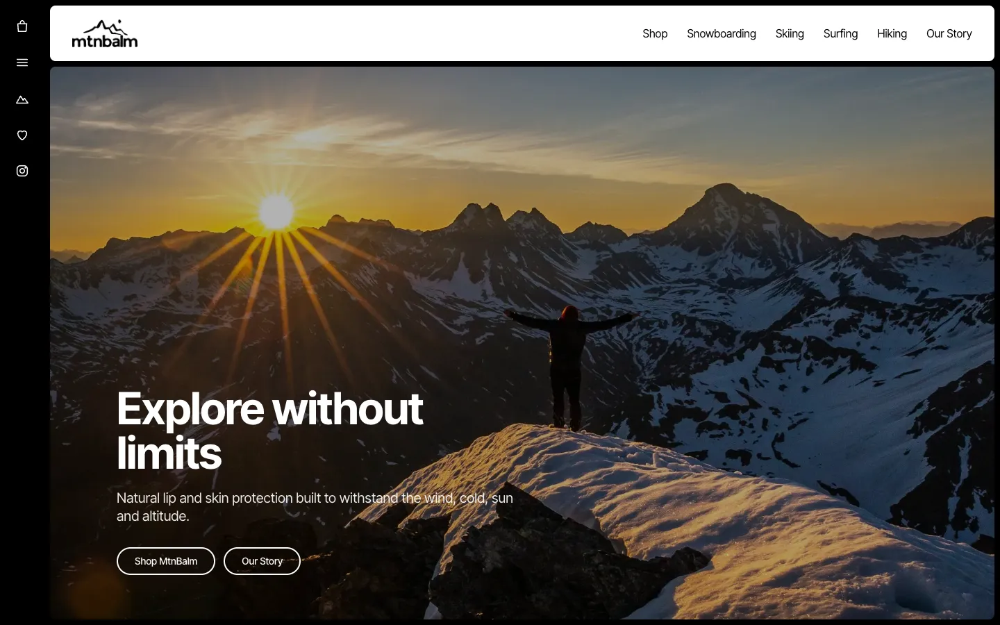 MtnBalm homepage hero: 'Explore without limits' over a hiker on a snowy summit at sunrise