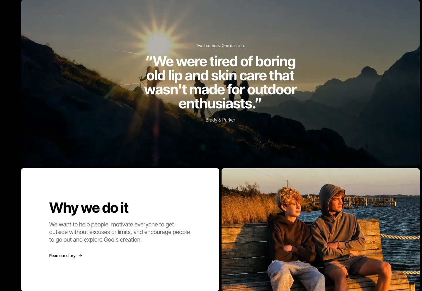 'Two brothers. One mission.' founders quote and the 'Why we do it' section