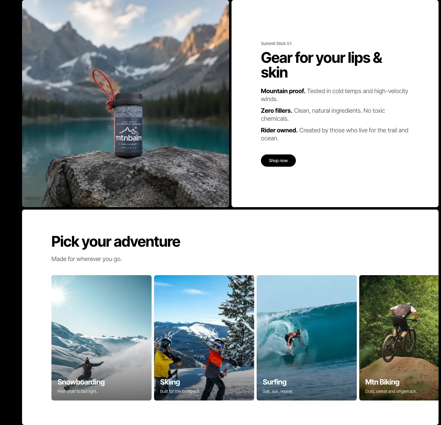 'Gear for your lips & skin' Summit Stick V.1 block and the 'Pick your adventure' sport tiles