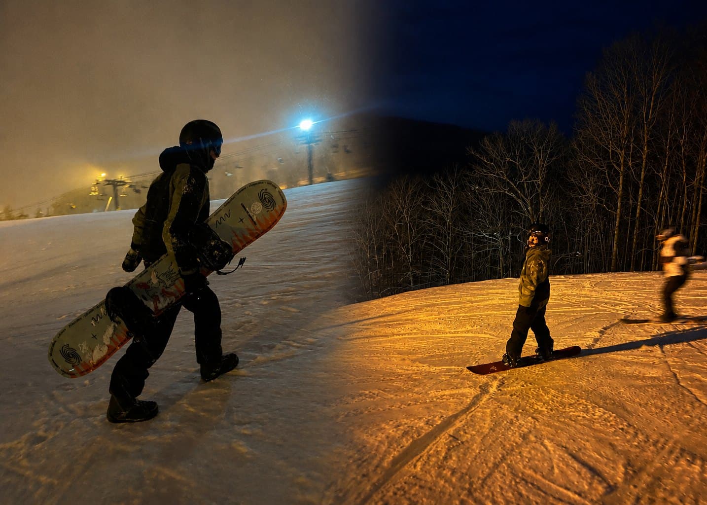 Snowboarding at night, collage