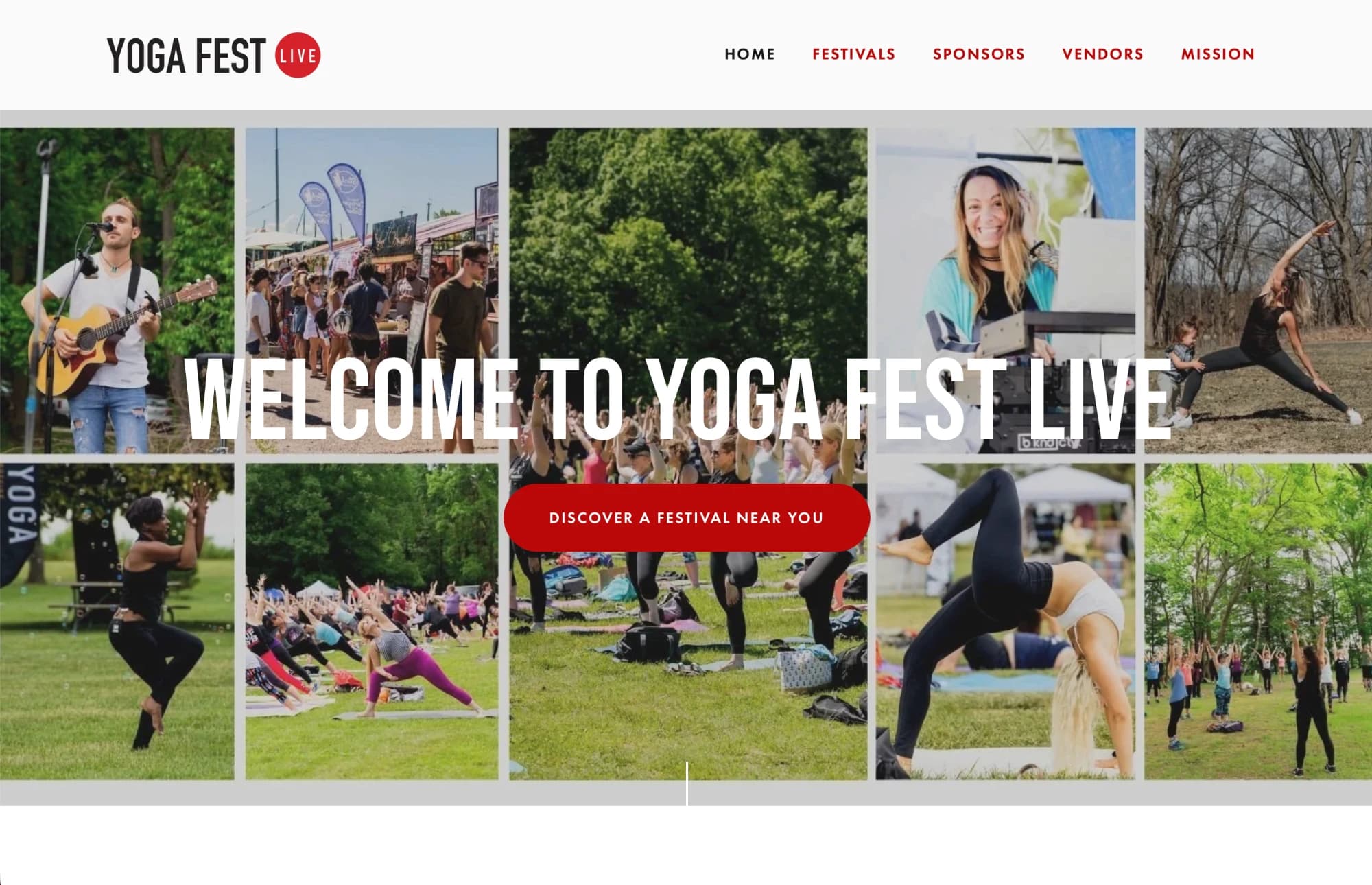Yoga Fest Live homepage: 'Welcome to Yoga Fest Live' over a grid of festival photos with a 'Discover a festival near you' button