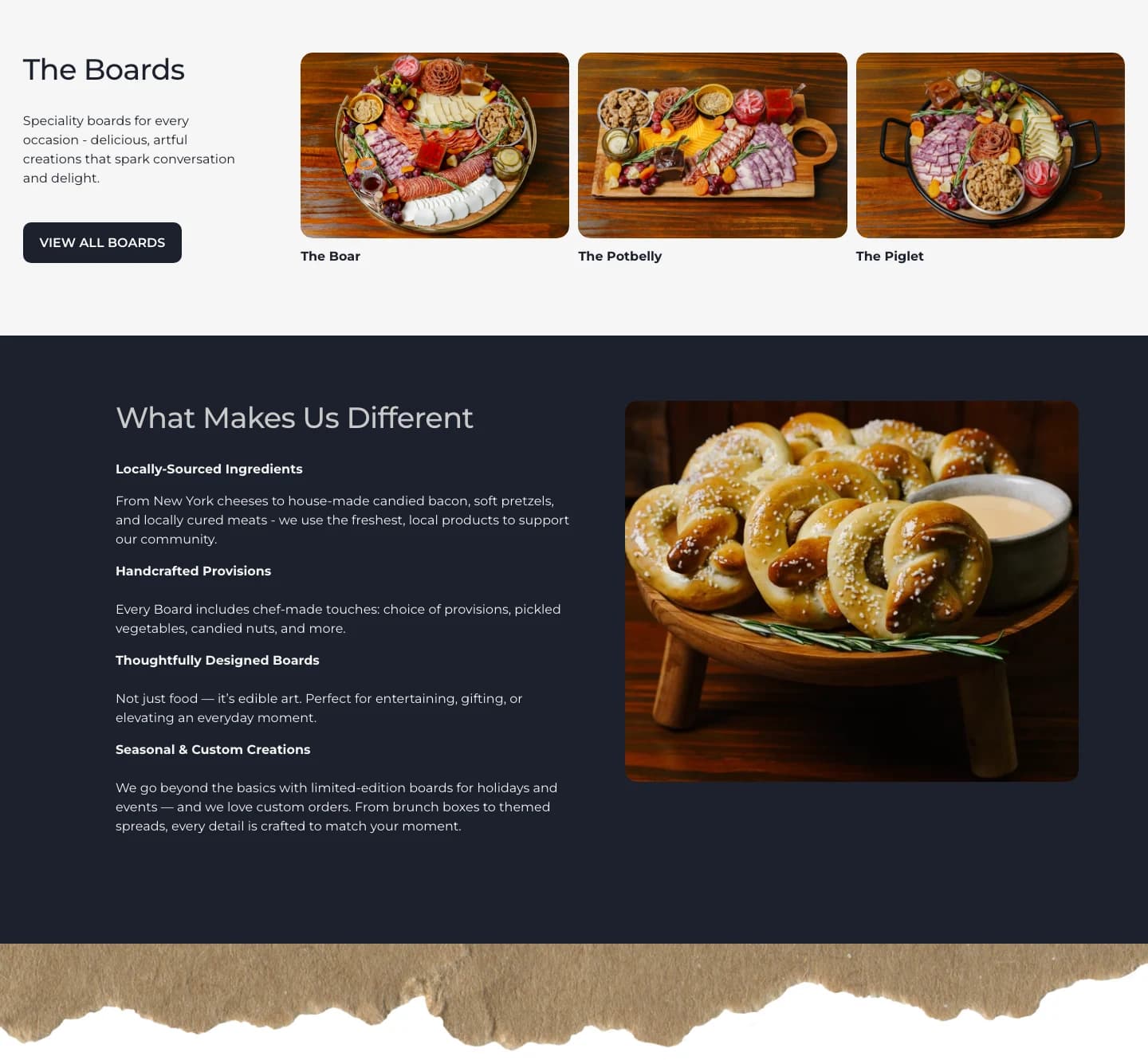 'The Boards' section with The Boar, The Potbelly and The Piglet, and 'What makes us different'