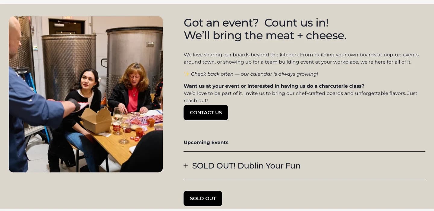 'Got an event? Count us in!' section with a charcuterie class photo and upcoming events