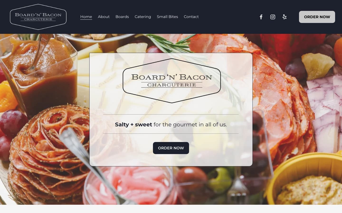 Board N Bacon homepage hero: 'Salty + sweet for the gourmet in all of us' over a charcuterie spread