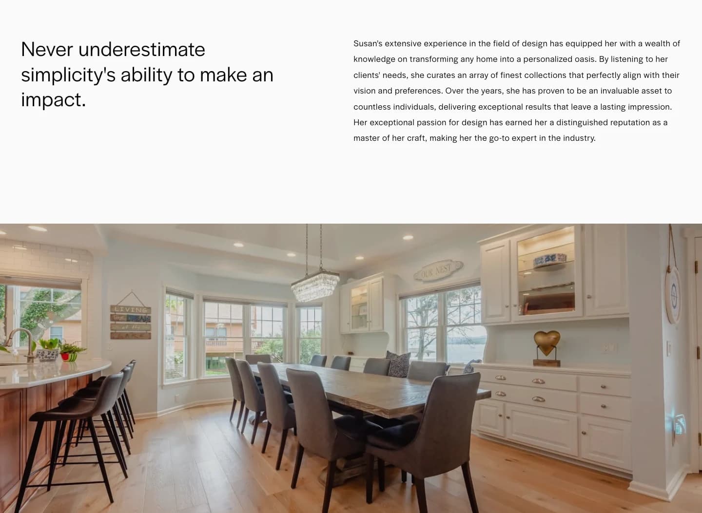 'Never underestimate simplicity's ability to make an impact' intro with a full-width dining room photo