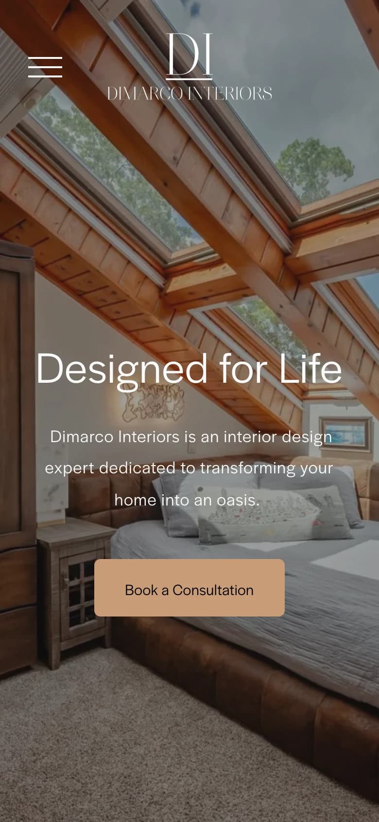 DiMarco Interiors homepage on mobile