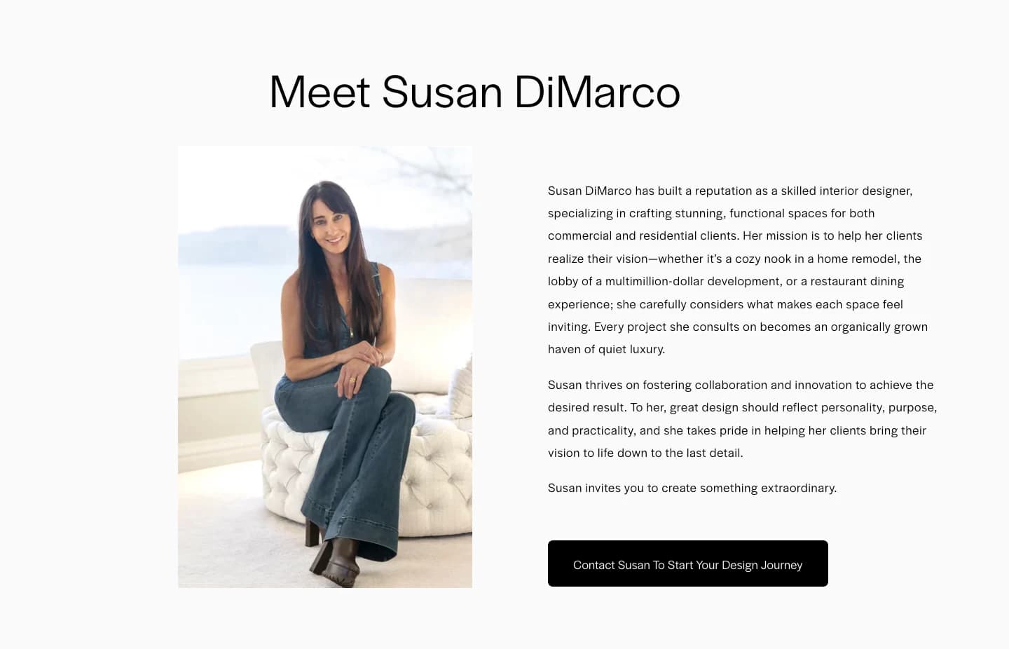 'Meet Susan DiMarco' section with her portrait and story