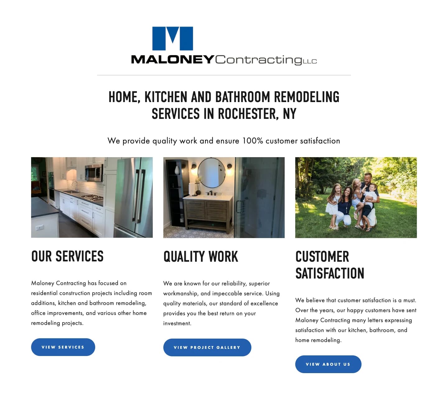 Services, quality work and customer satisfaction cards under the Maloney logo