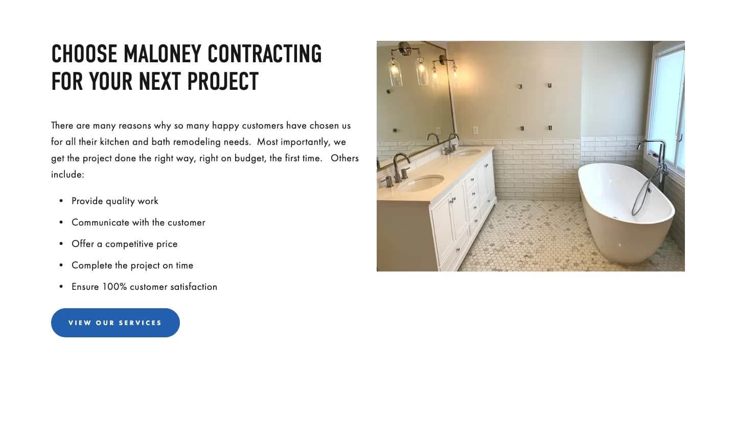 'Choose Maloney Contracting for your next project' section with a bathroom remodel