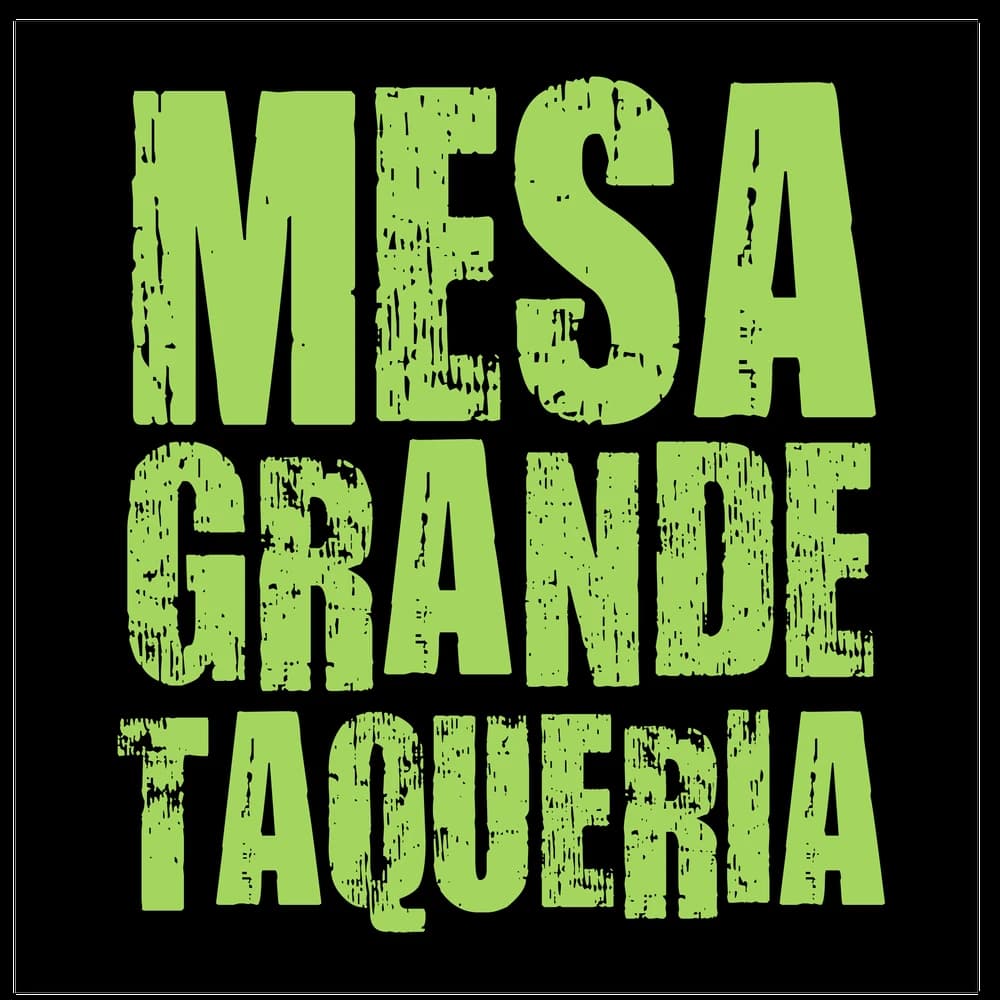 Stacked Mesa Grande Taqueria badge in green on black