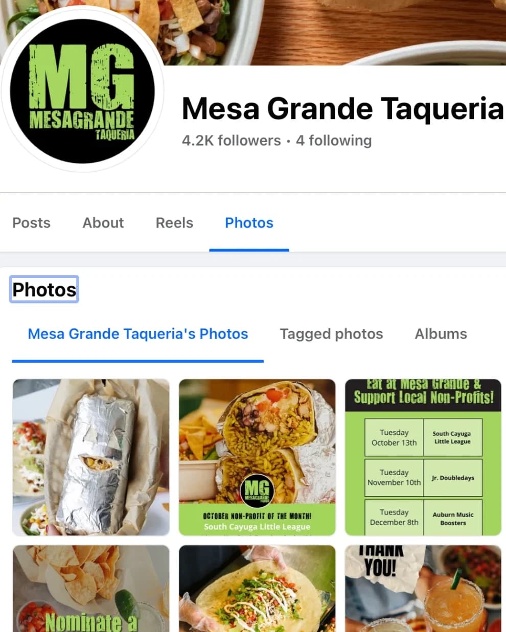 Mesa Grande Taqueria Facebook page with the MG badge and branded posts