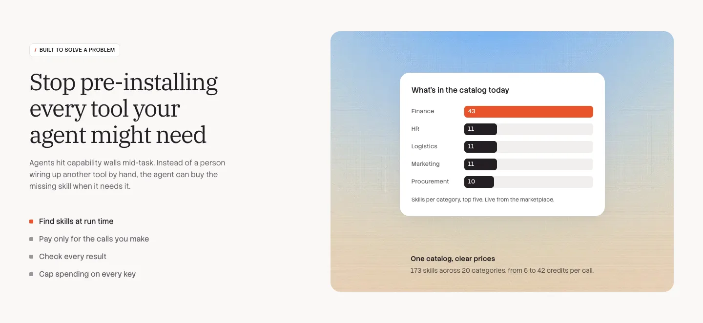 'Stop pre-installing every tool your agent might need' with a live chart of skills by category