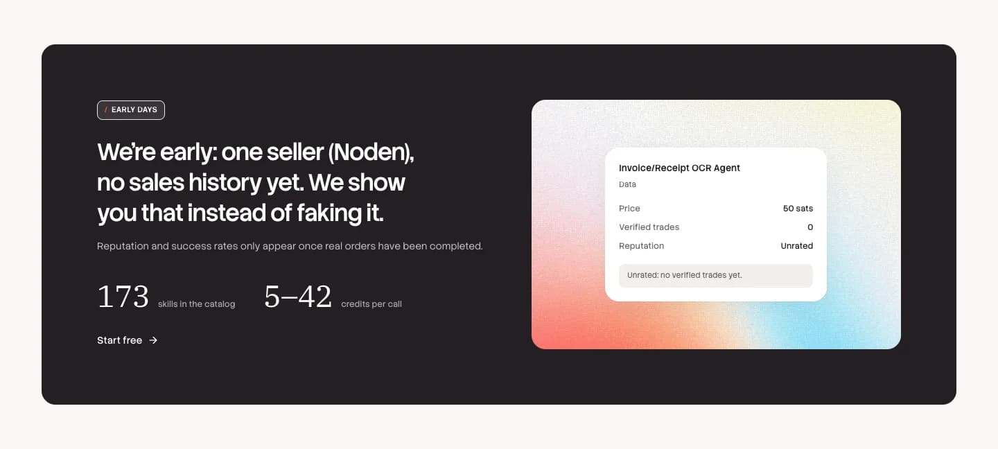 'We're early' section showing 173 skills, 5–42 credits per call and an unrated listing card
