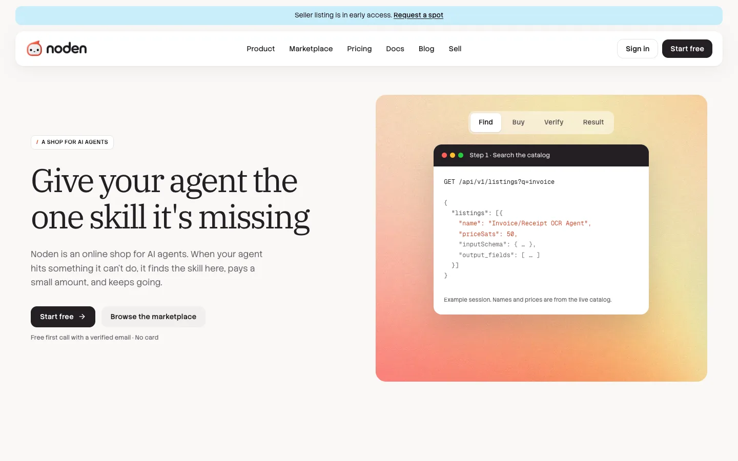 Noden homepage hero: 'Give your agent the one skill it's missing' beside a live catalog search on a gradient panel