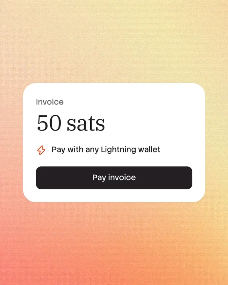 Noden's '50 sats' Lightning invoice card on a warm gradient