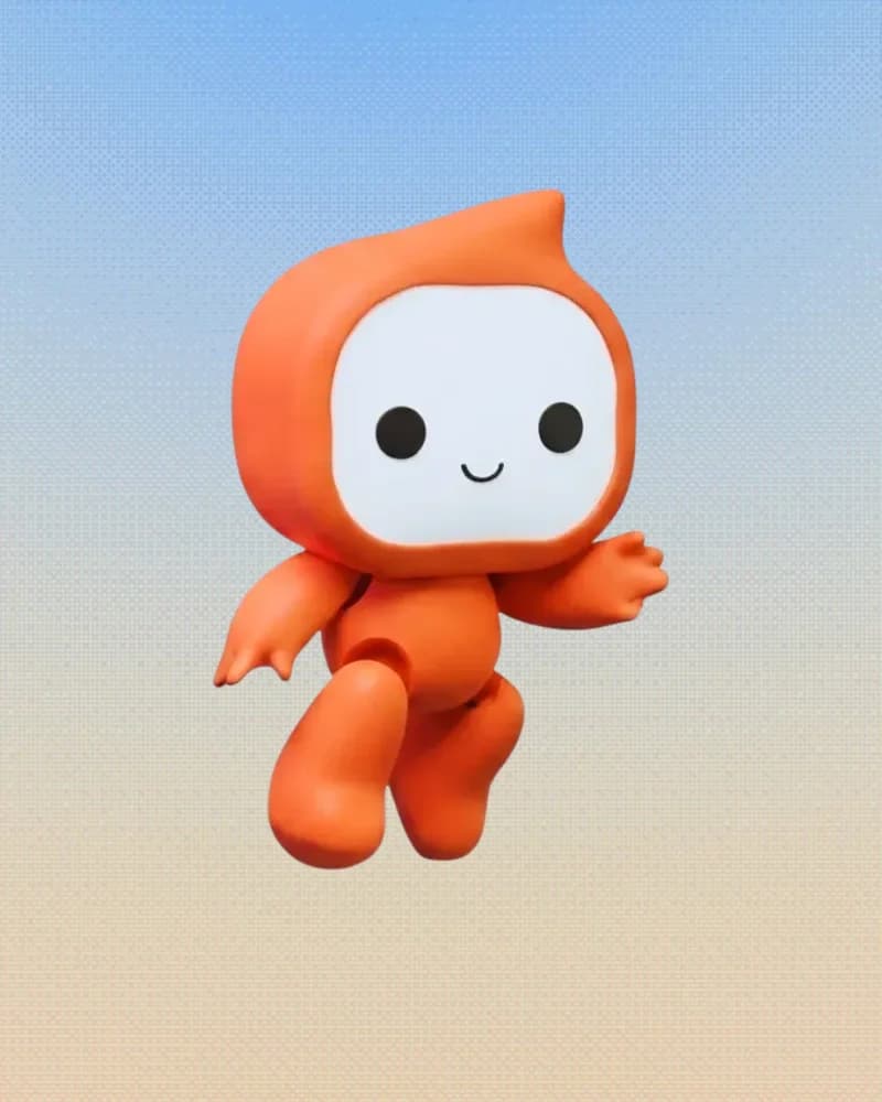 Toby, Noden's orange agent mascot, mid-wave on a sky gradient